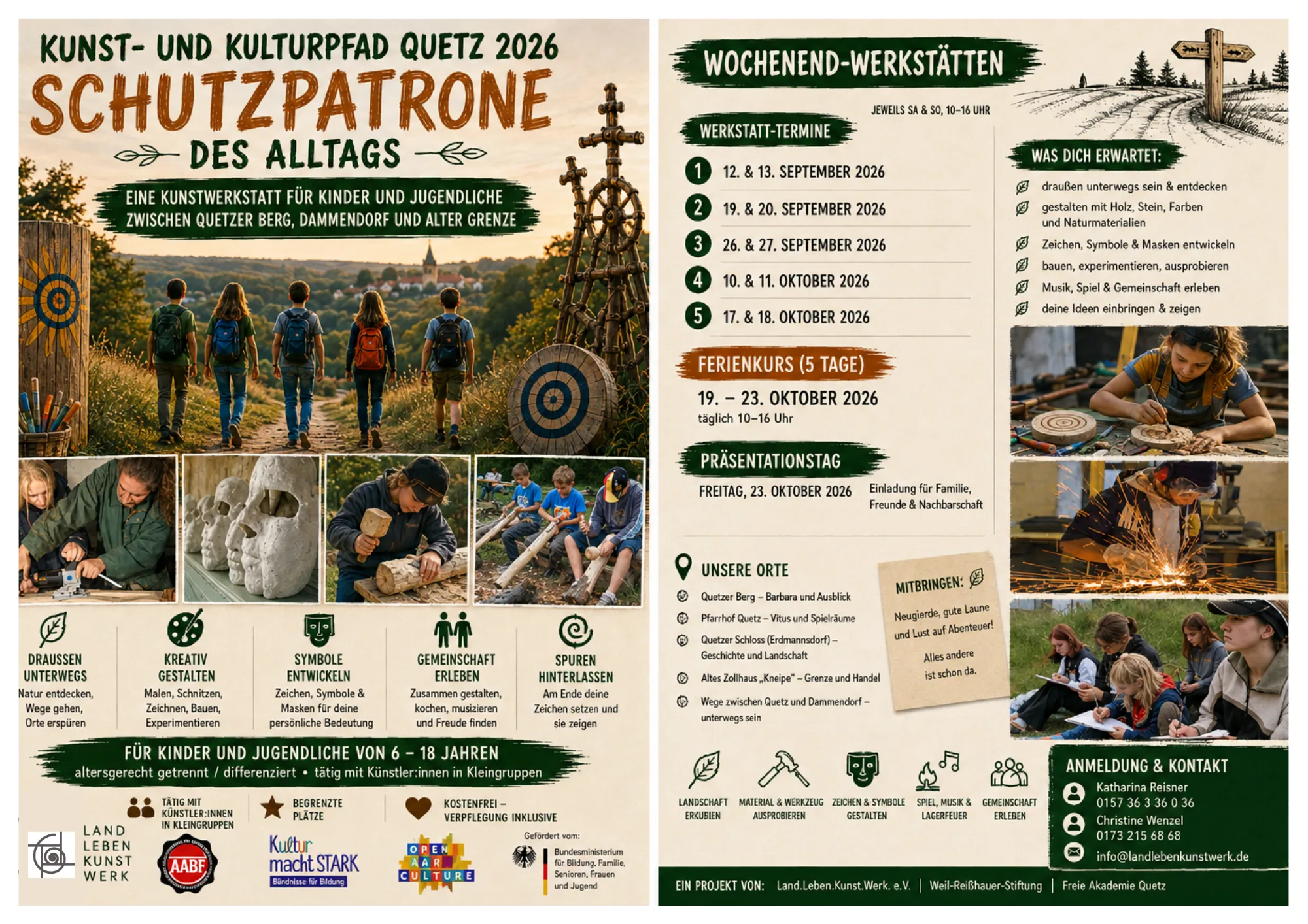 Flyer Schutzpatrone des Alltags mit Werkstatt- und Ferienkurs-Terminen